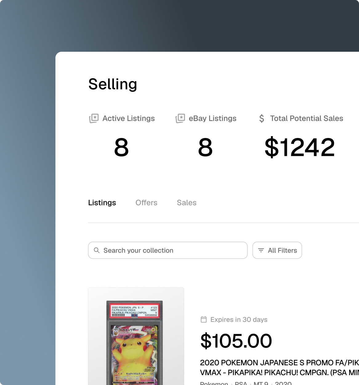 The Selling dashboard on Slab Dynasty showing imported eBay listings